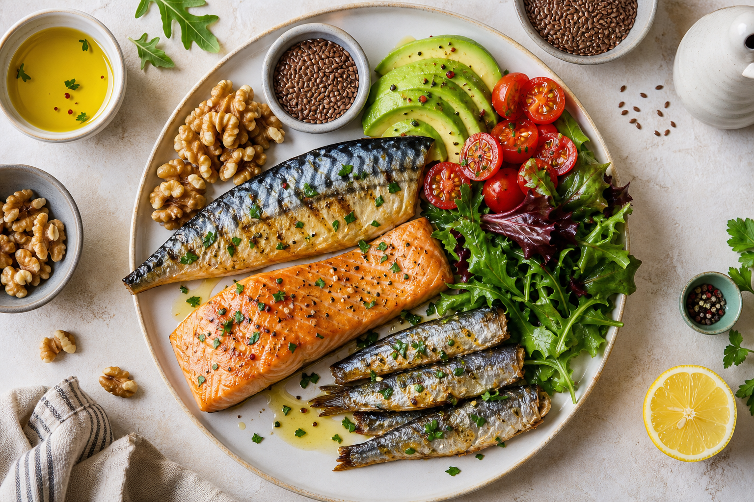 Prato de estilo mediterrânico com cavala e salmão grelhados, sardinhas, nozes, sementes de linhaça, abacate e salada