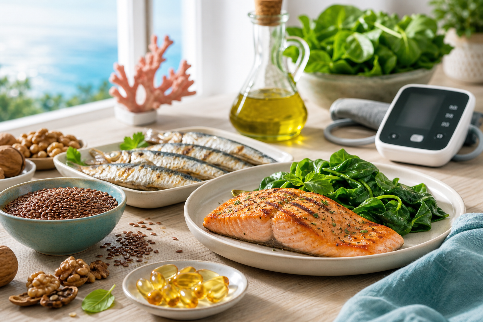Mesa luminosa com salmão grelhado, sardinhas, nozes, azeite, vegetais, cápsulas de omega-3 e um medidor de tensão